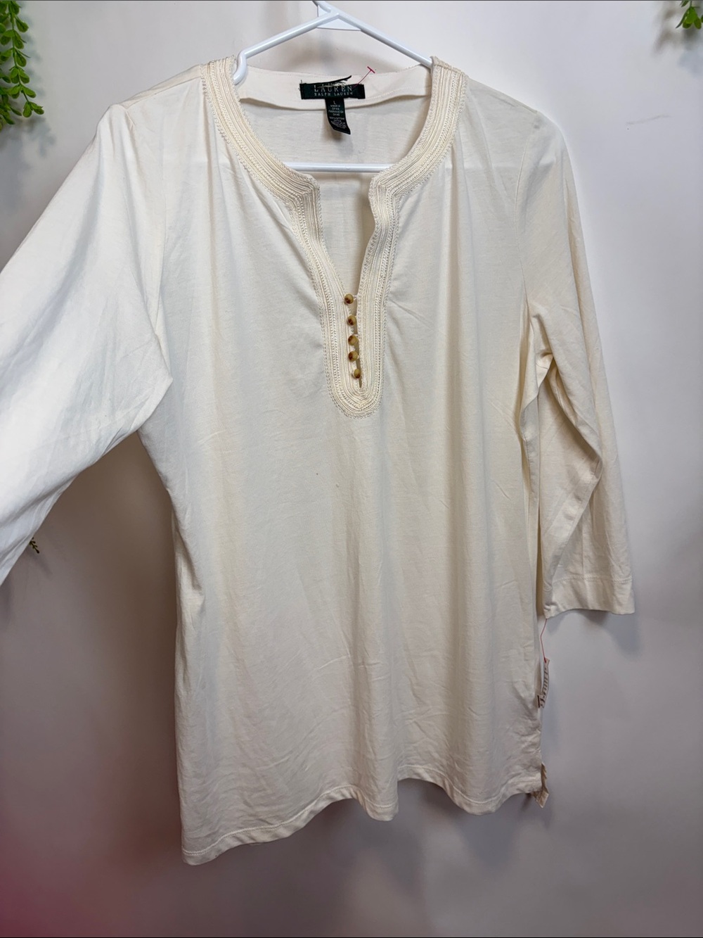 Lauren Ralph Lauren Cream Embroidered Split-Neck Tunic Top